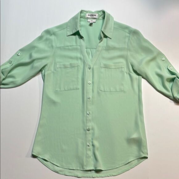 Express Womens Portofino Blouse Mint Green Button Up Long Roll Sleeve Sz XXS - Picture 1 of 6
